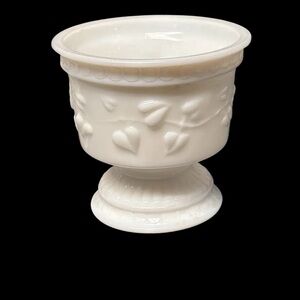 Vintage Milk Glass Footed Compote Candy Dish with Hearts and Ivy pattern.